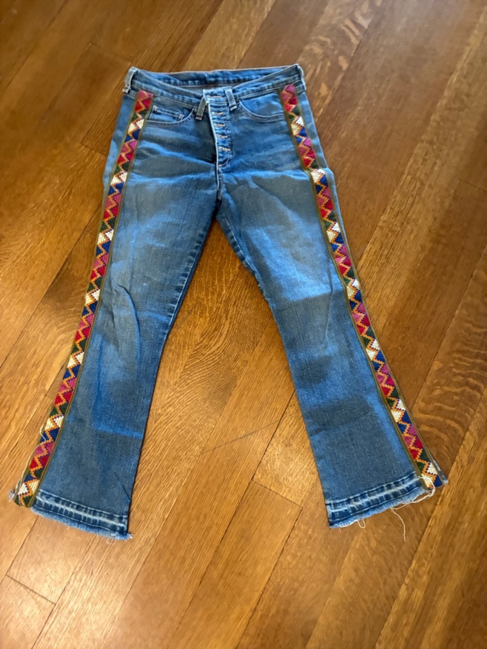 Blue Women's Denim Jeans with Multicolor Embroidered Side Trim